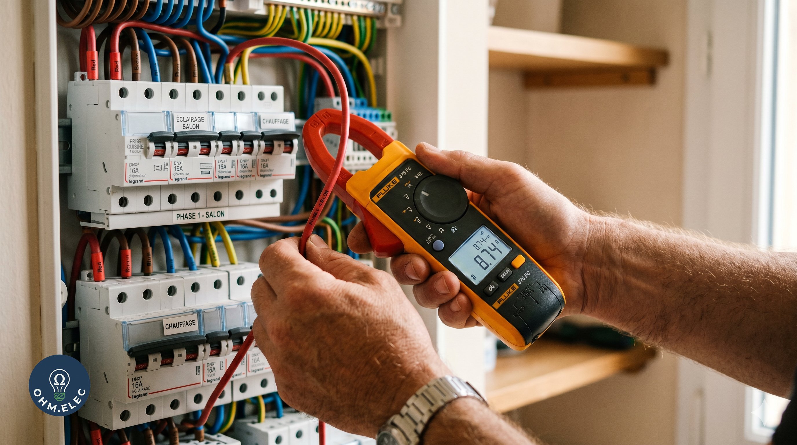 Diagnostic à la pince ampèremétrique sur un tableau étiqueté