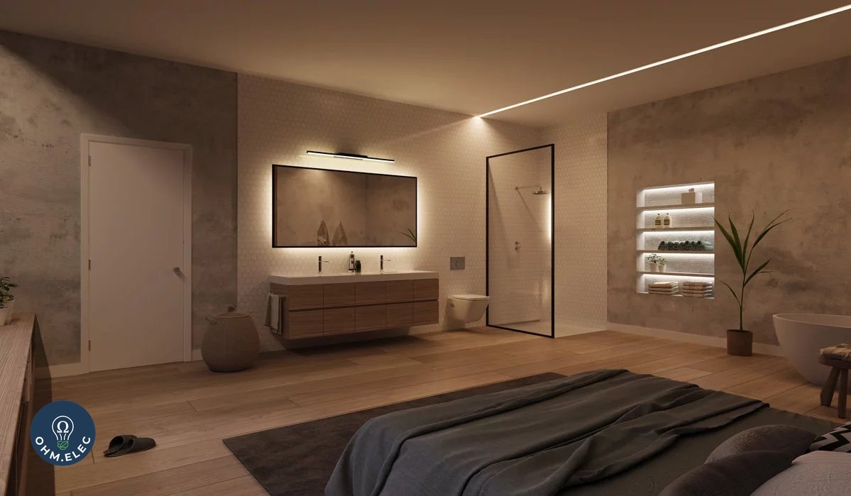 Salle de bain en suite parentale avec rubans LED et éclairage indirect